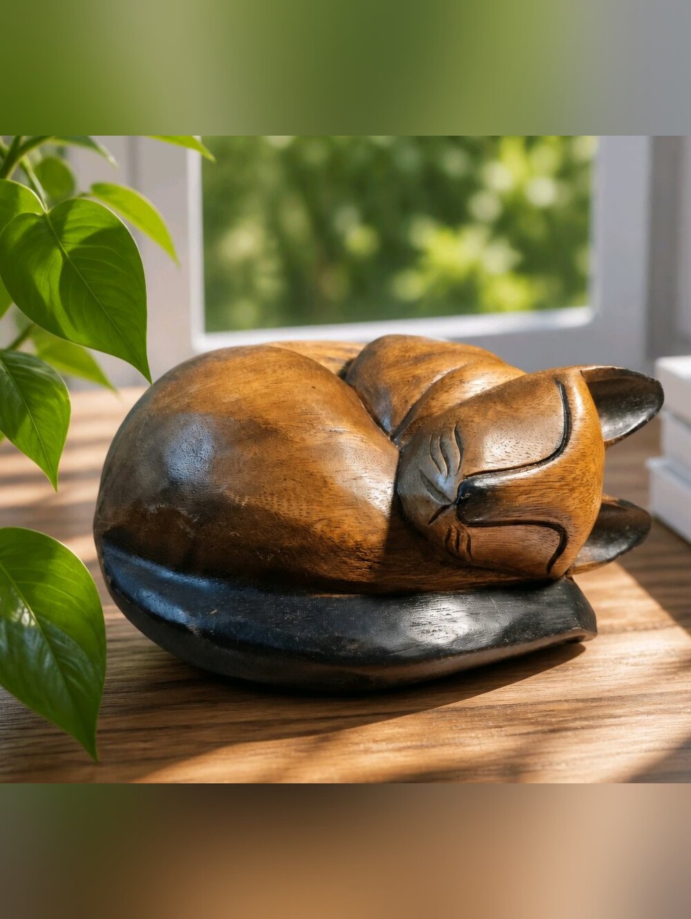 Cat Vintage Hand-Carved Wooden Sleeping Siamese Cat Sculpture Figurine Statue,